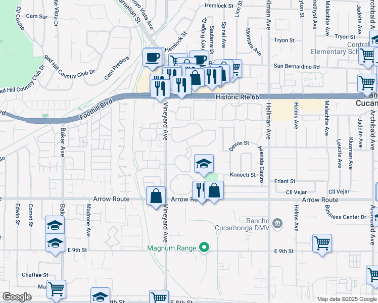 map of restaurants, bars, coffee shops, grocery stores, and more near 8317 Vineyard Avenue in Rancho Cucamonga