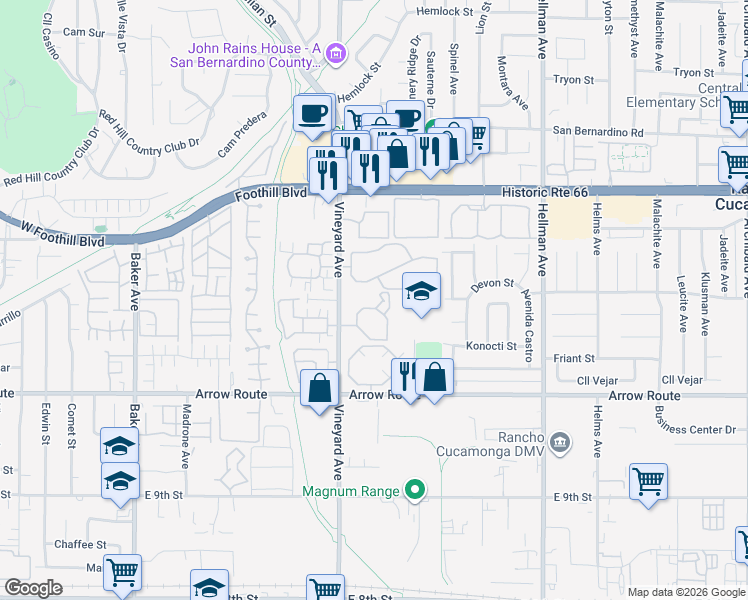 map of restaurants, bars, coffee shops, grocery stores, and more near 8317 Vineyard Avenue in Rancho Cucamonga