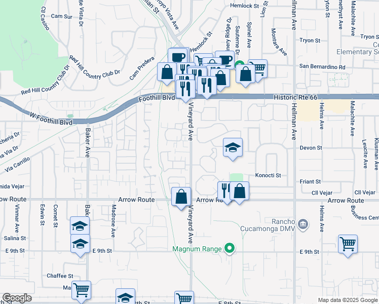 map of restaurants, bars, coffee shops, grocery stores, and more near 8305 Vineyard Avenue in Rancho Cucamonga