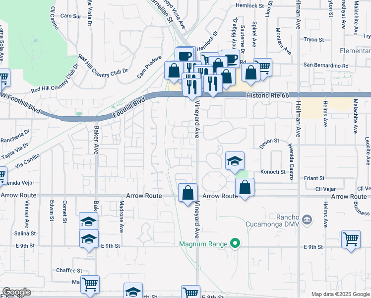 map of restaurants, bars, coffee shops, grocery stores, and more near 8316 Vineyard Avenue in Rancho Cucamonga