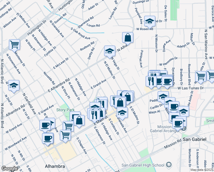map of restaurants, bars, coffee shops, grocery stores, and more near 221 North Valencia Street in Alhambra