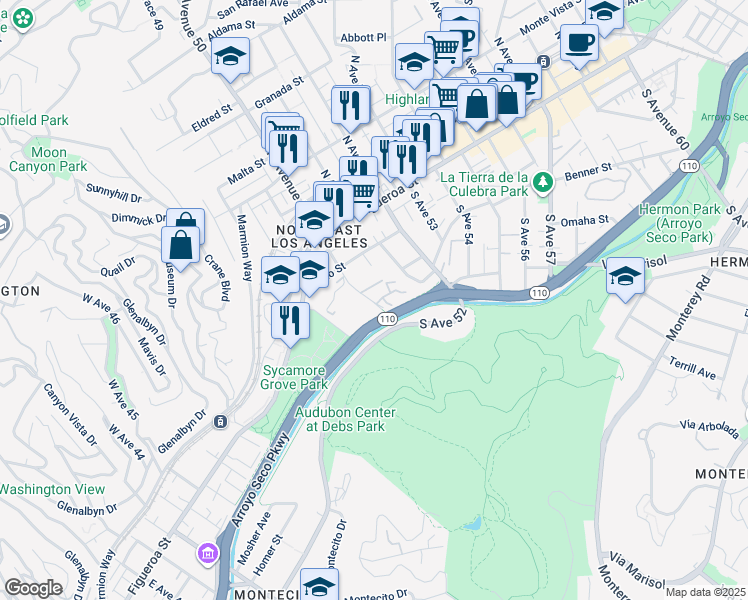 map of restaurants, bars, coffee shops, grocery stores, and more near 260 South Avenue 50 in Los Angeles