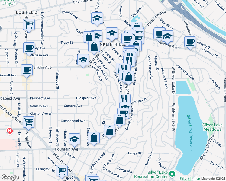 map of restaurants, bars, coffee shops, grocery stores, and more near 2266 Ronda Vista Drive in Los Angeles