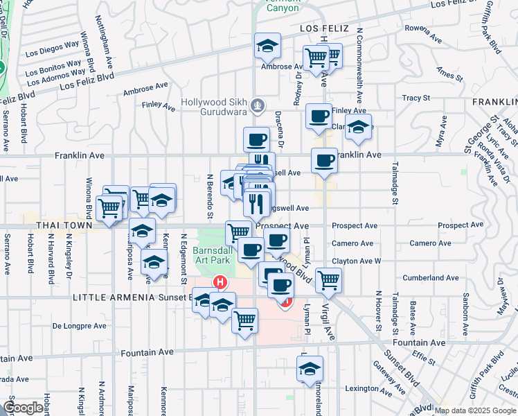 map of restaurants, bars, coffee shops, grocery stores, and more near 1726 North Vermont Avenue in Los Angeles