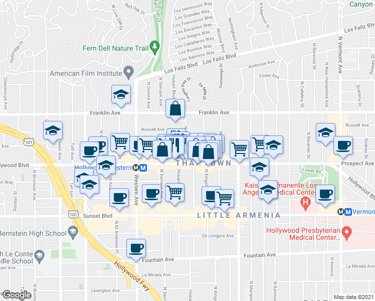 map of restaurants, bars, coffee shops, grocery stores, and more near 1720 North Harvard Boulevard in Los Angeles