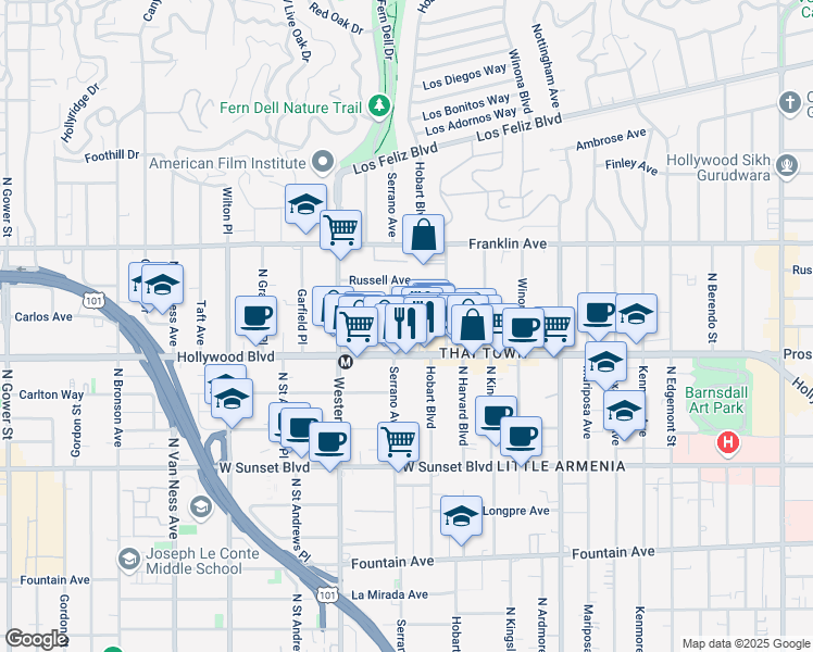 map of restaurants, bars, coffee shops, grocery stores, and more near 5340 Loma Linda Avenue in Los Angeles