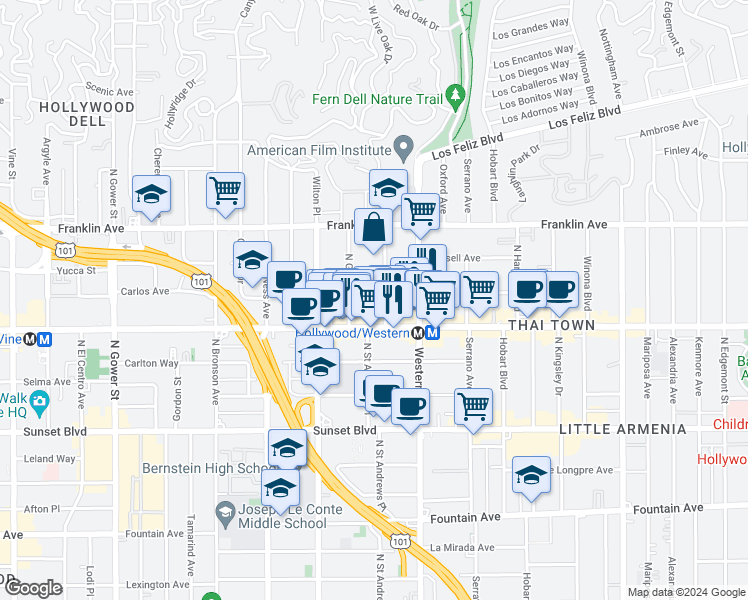 map of restaurants, bars, coffee shops, grocery stores, and more near 1723 Garfield Place in Los Angeles