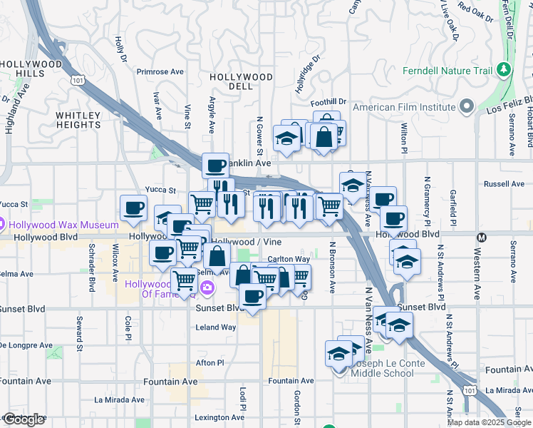 map of restaurants, bars, coffee shops, grocery stores, and more near 1726 North Gower Street in Los Angeles