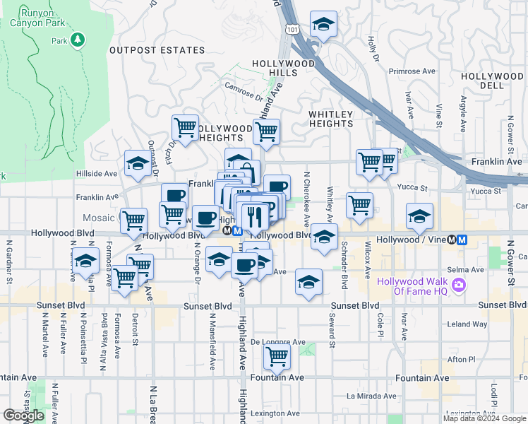 map of restaurants, bars, coffee shops, grocery stores, and more near 1755 North McCadden Place in Los Angeles