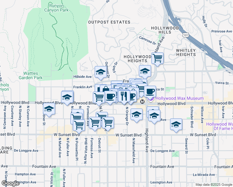 map of restaurants, bars, coffee shops, grocery stores, and more near 7021 Hollywood Boulevard in Los Angeles