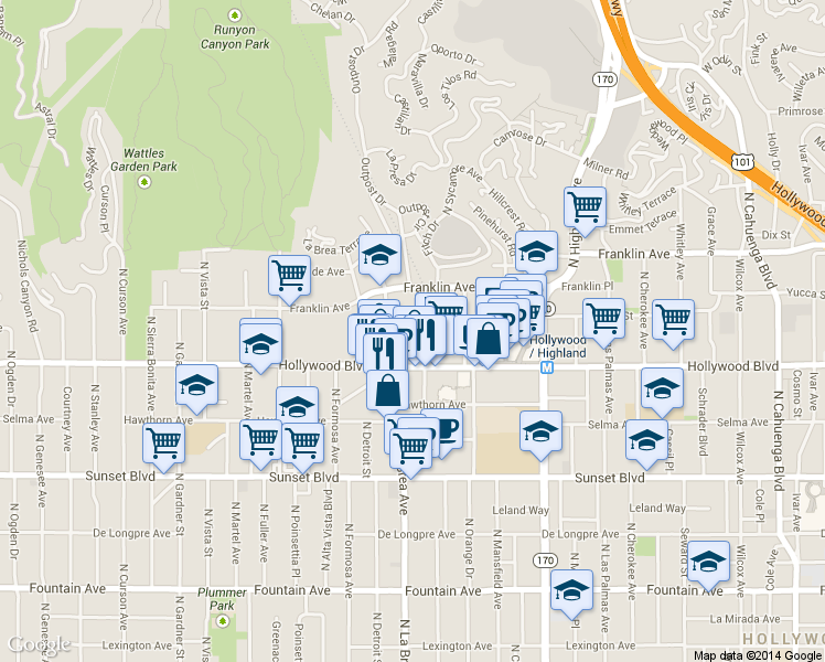 map of restaurants, bars, coffee shops, grocery stores, and more near 1731 North Sycamore Avenue in Los Angeles