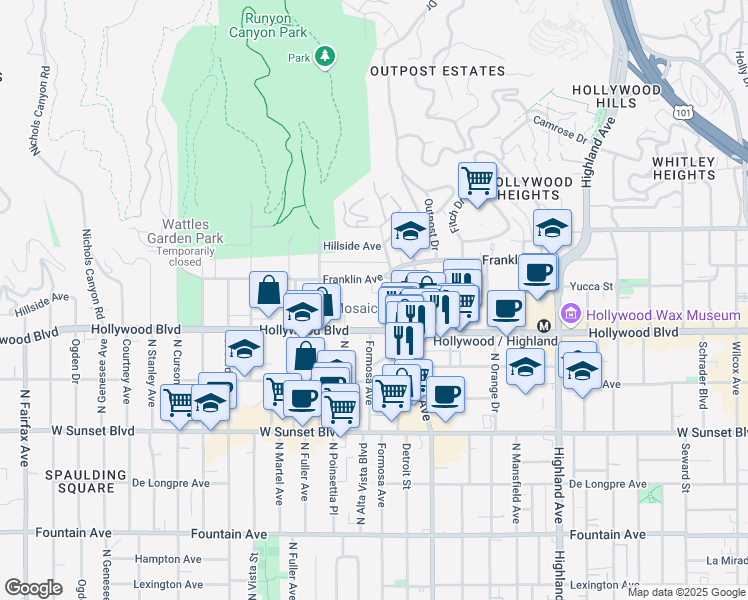map of restaurants, bars, coffee shops, grocery stores, and more near 7205 Hollywood Boulevard in Los Angeles