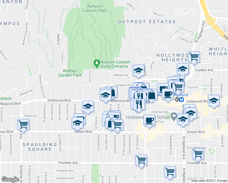 map of restaurants, bars, coffee shops, grocery stores, and more near 1734 North Fuller Avenue in Los Angeles