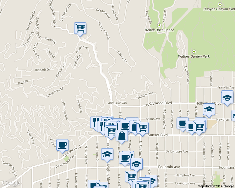 map of restaurants, bars, coffee shops, grocery stores, and more near 1720 Laurel Canyon Boulevard in Los Angeles