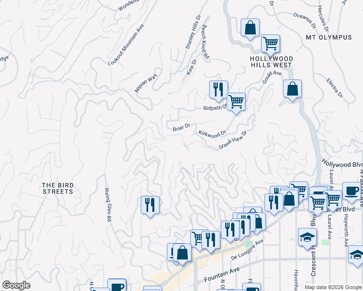 map of restaurants, bars, coffee shops, grocery stores, and more near 8524 Cole Crest Drive in Los Angeles