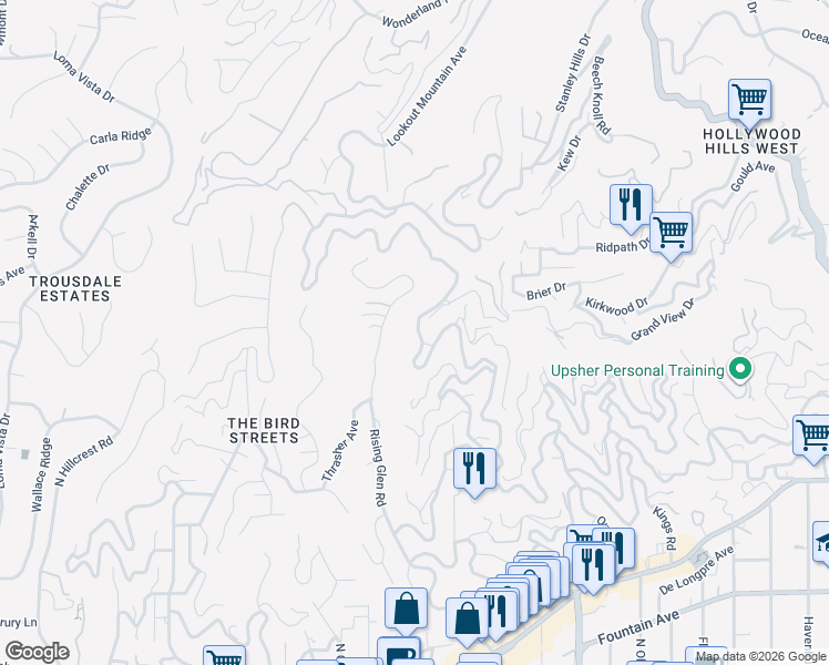 map of restaurants, bars, coffee shops, grocery stores, and more near 1885 Sunset Plaza Drive in Los Angeles