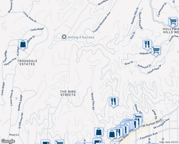 map of restaurants, bars, coffee shops, grocery stores, and more near 1667 Rising Glen Road in Los Angeles
