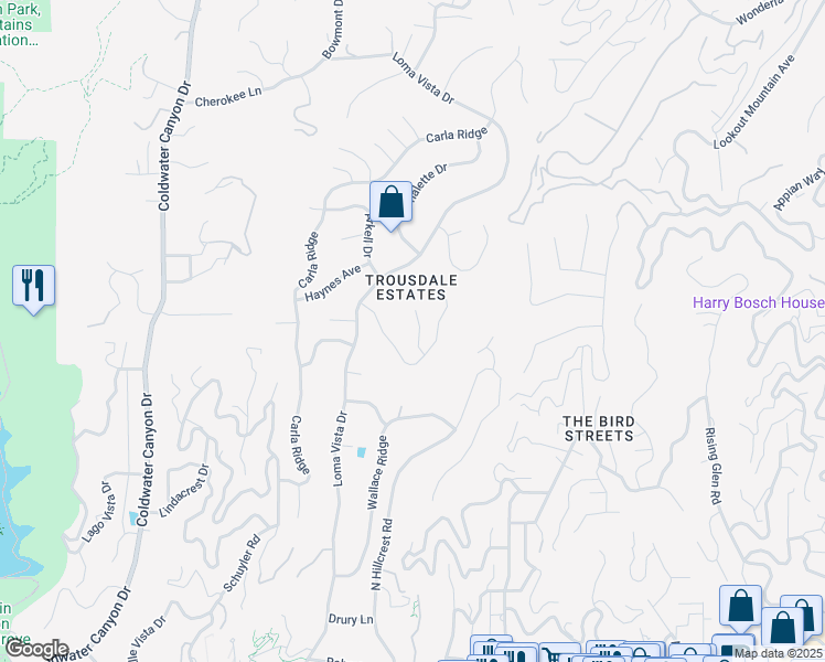 map of restaurants, bars, coffee shops, grocery stores, and more near 435 Trousdale Place in Beverly Hills