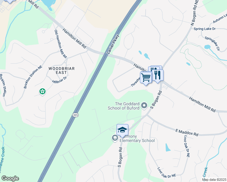 map of restaurants, bars, coffee shops, grocery stores, and more near 2466 Thrasher Road in Buford