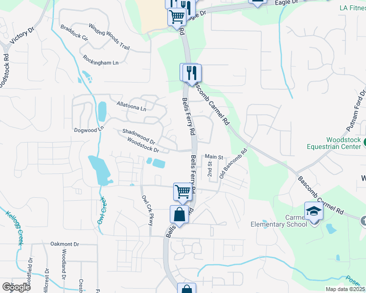 map of restaurants, bars, coffee shops, grocery stores, and more near 99 Tate Lane in Acworth