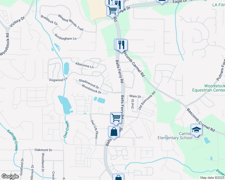 map of restaurants, bars, coffee shops, grocery stores, and more near 99 Tate Lane in Acworth