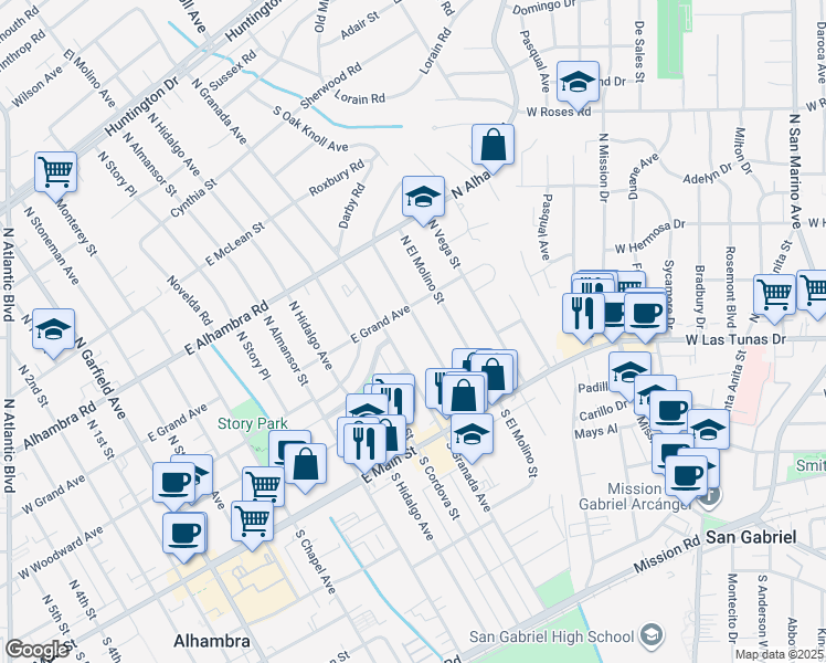 map of restaurants, bars, coffee shops, grocery stores, and more near 225 North Valencia Street in Alhambra
