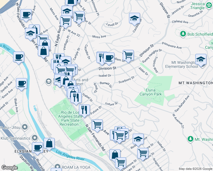 map of restaurants, bars, coffee shops, grocery stores, and more near 1832 Burnell Drive in Los Angeles