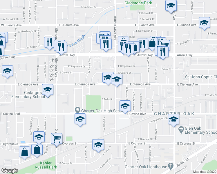map of restaurants, bars, coffee shops, grocery stores, and more near 20350 East Cienega Avenue in Covina