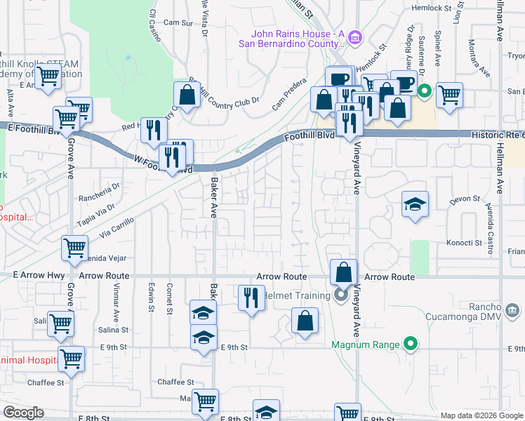 map of restaurants, bars, coffee shops, grocery stores, and more near 8333 Foothill Boulevard in Rancho Cucamonga