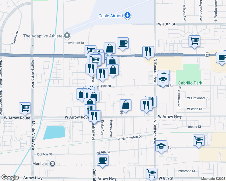 map of restaurants, bars, coffee shops, grocery stores, and more near 1848 West 11th Street in Upland