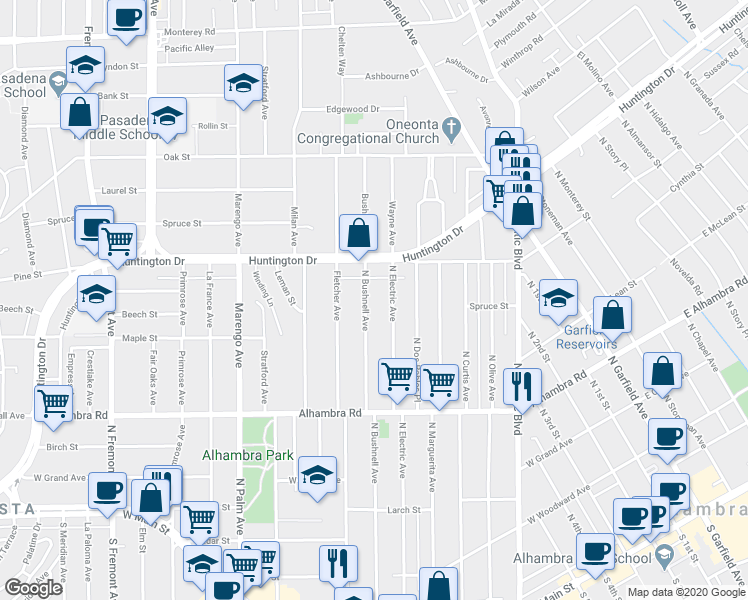 map of restaurants, bars, coffee shops, grocery stores, and more near 910 North Bushnell Avenue in Alhambra