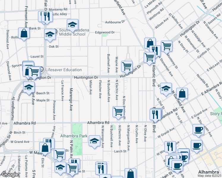 map of restaurants, bars, coffee shops, grocery stores, and more near 910 North Bushnell Avenue in Alhambra