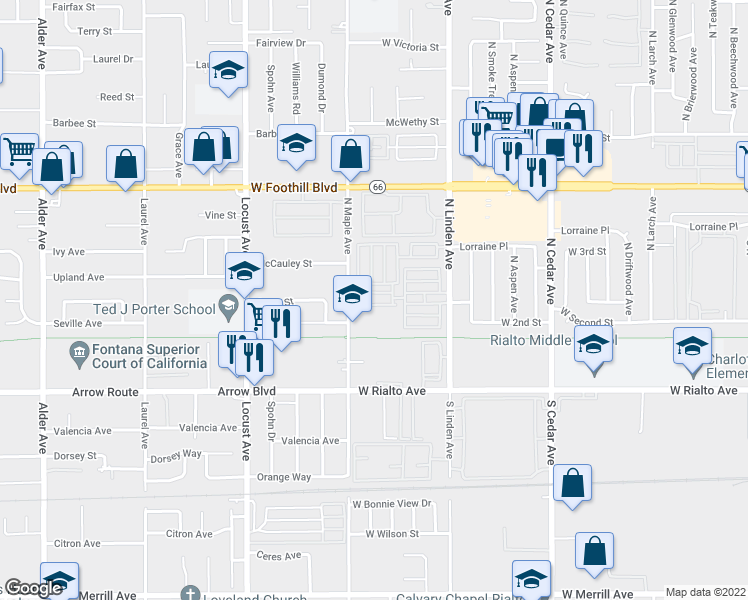 map of restaurants, bars, coffee shops, grocery stores, and more near Unnamed Road in Fontana