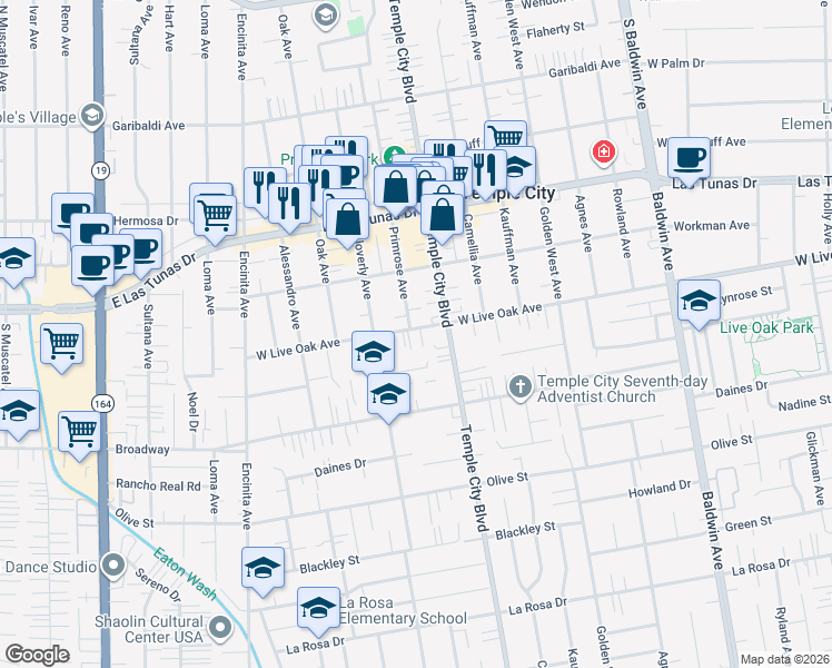 map of restaurants, bars, coffee shops, grocery stores, and more near 9528 Live Oak Avenue in Temple City