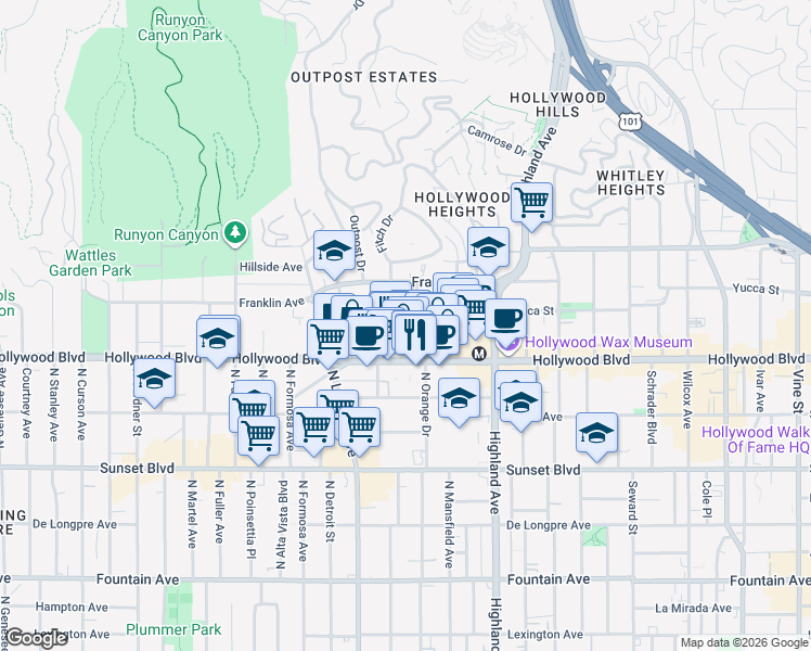 map of restaurants, bars, coffee shops, grocery stores, and more near 1737 North Orange Drive in Los Angeles