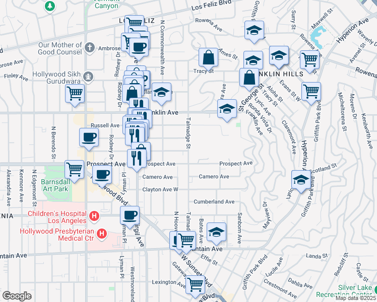 map of restaurants, bars, coffee shops, grocery stores, and more near Talmadge St & Kingswell Ave in Los Angeles