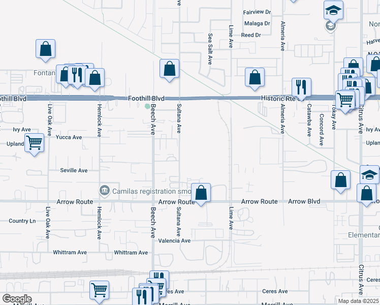 map of restaurants, bars, coffee shops, grocery stores, and more near 8277 Sultana Avenue in Fontana