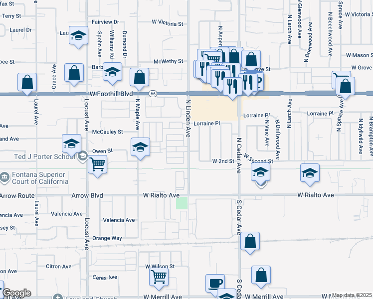 map of restaurants, bars, coffee shops, grocery stores, and more near 250 North Linden Avenue in Rialto