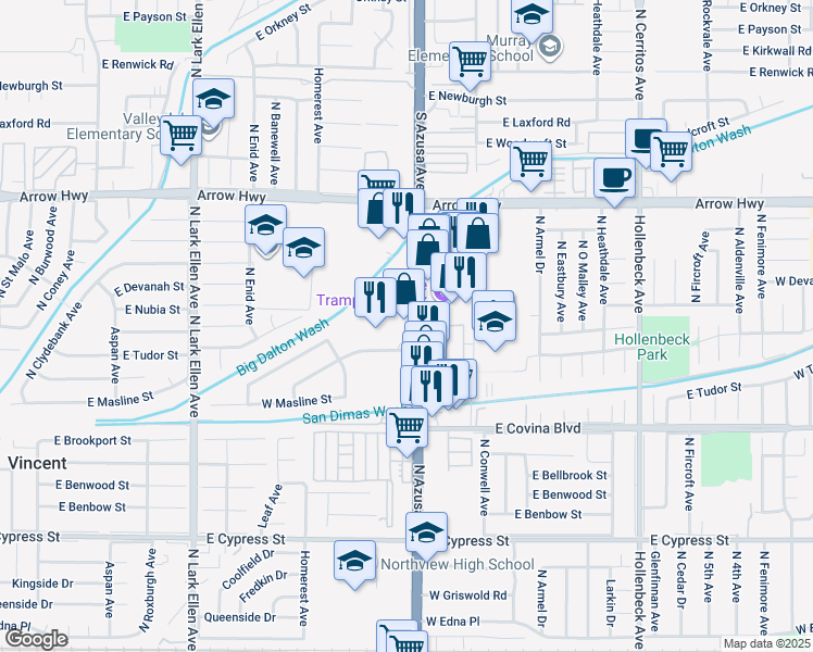 map of restaurants, bars, coffee shops, grocery stores, and more near 1240 North Azusa Avenue in Covina