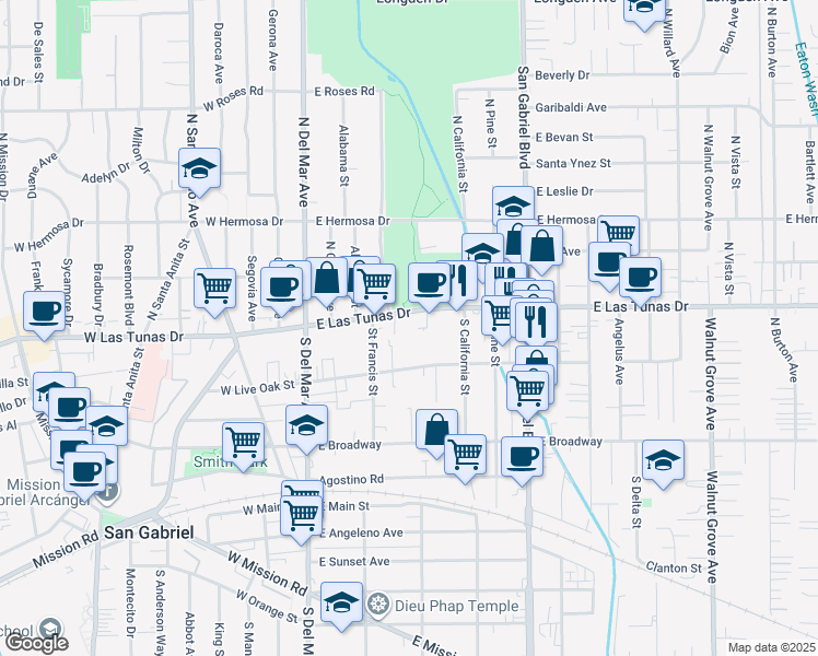 map of restaurants, bars, coffee shops, grocery stores, and more near 330 East Las Tunas Drive in San Gabriel
