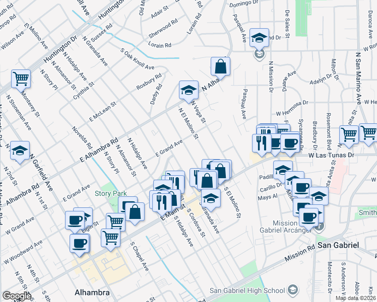 map of restaurants, bars, coffee shops, grocery stores, and more near North Valencia Street in Alhambra