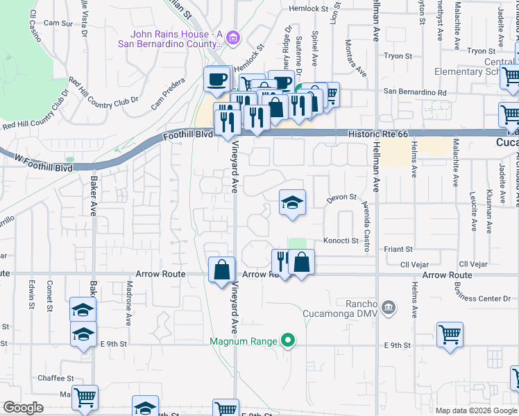 map of restaurants, bars, coffee shops, grocery stores, and more near 8317 Vineyard Avenue in Rancho Cucamonga