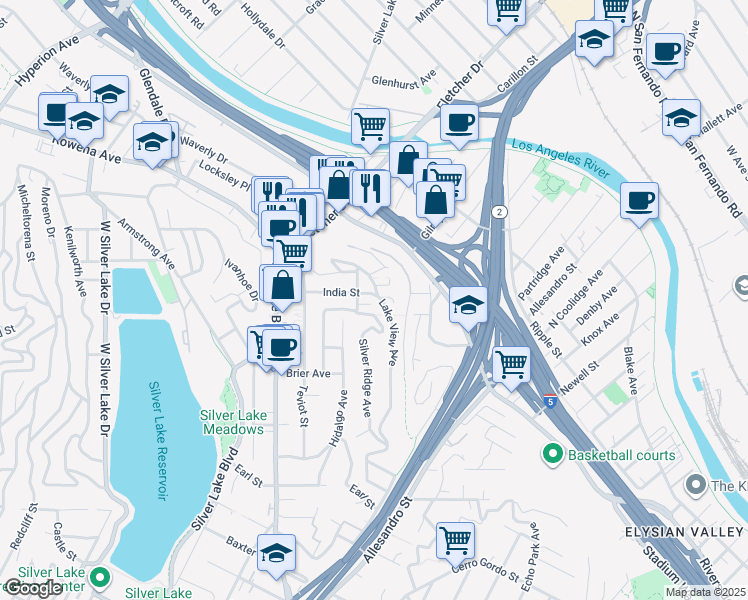 map of restaurants, bars, coffee shops, grocery stores, and more near 2200 India Street in Los Angeles