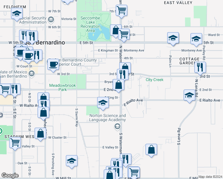 map of restaurants, bars, coffee shops, grocery stores, and more near 258 East 2nd Street in San Bernardino