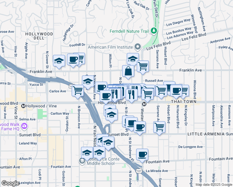 map of restaurants, bars, coffee shops, grocery stores, and more near 5637 West Cielo Way in Los Angeles