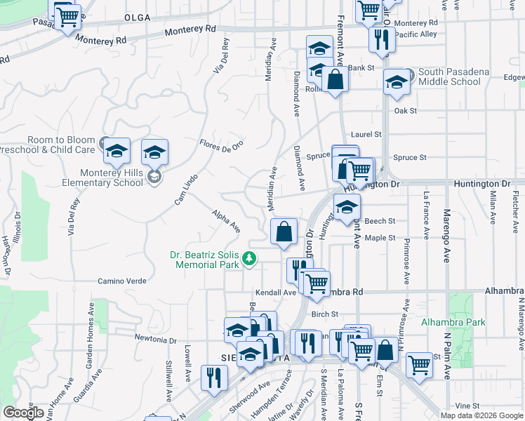 map of restaurants, bars, coffee shops, grocery stores, and more near 709 Bonita Drive in South Pasadena