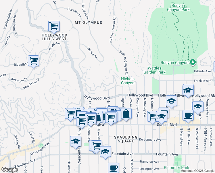 map of restaurants, bars, coffee shops, grocery stores, and more near 7902 Fareholm Drive in Los Angeles