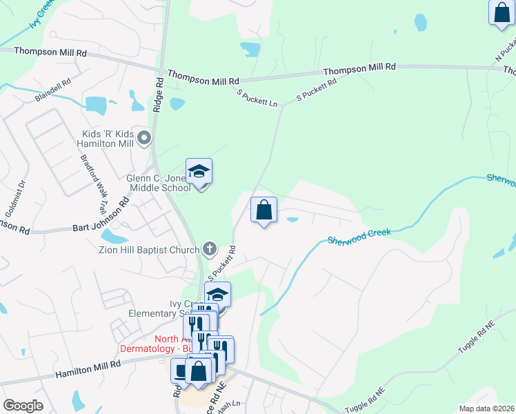 map of restaurants, bars, coffee shops, grocery stores, and more near 3567 Hill Pond Drive Northeast in Buford