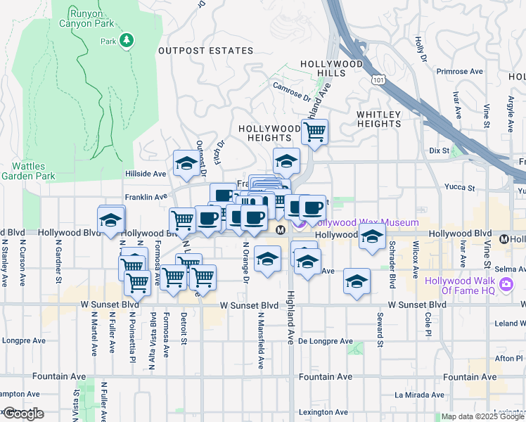map of restaurants, bars, coffee shops, grocery stores, and more near 6801 Hollywood Boulevard in Los Angeles