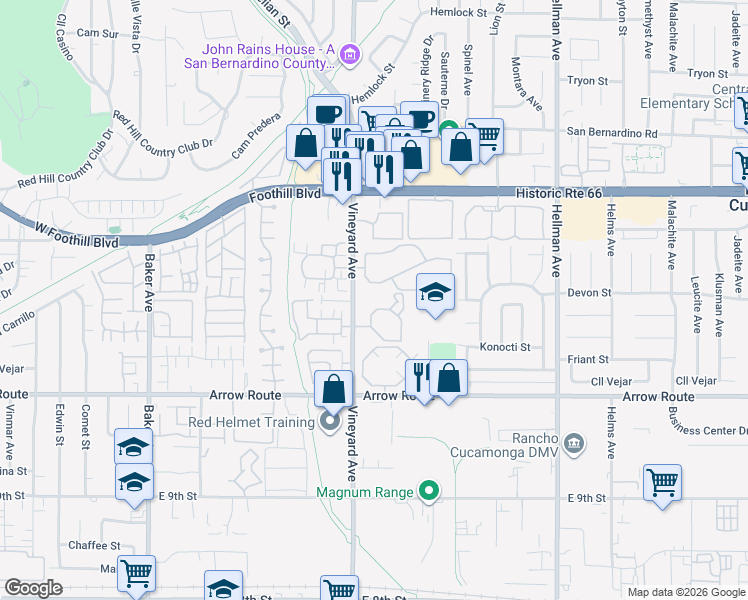map of restaurants, bars, coffee shops, grocery stores, and more near 8309 Vineyard Avenue in Rancho Cucamonga